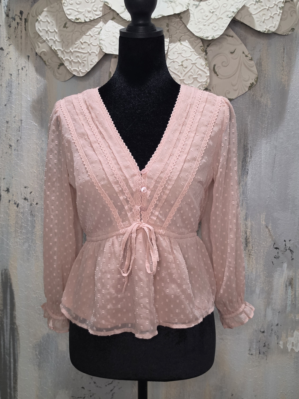 Japna Pale Pink Swiss Dot Peplum Tie-Front Blouse